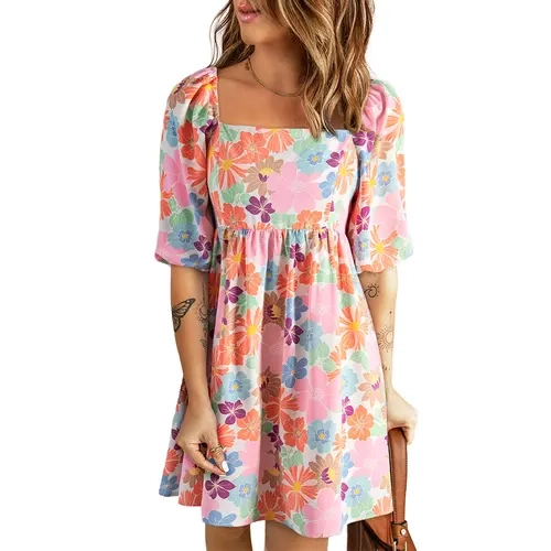 Asvivid Women's Summer Floral Square Neck Puff Sleeve Babydoll Dress Flower Spring Outfits Casual Dresses Womenswear