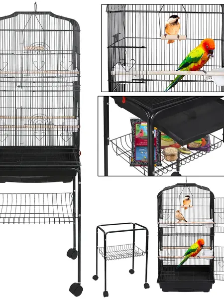 Segawe 59'' Durable Iron Parrot Cage, Wrought Iron Frame, Rolling Stand, Arched Door, Feeder Slots, Pet Enclosure for Cockatiel, Sun Conure, Durable Iron Cage,summerwins