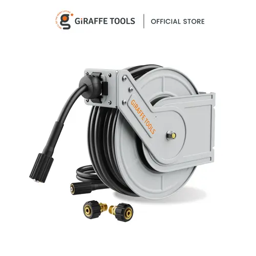 【DealsForYouDays】Giraffe Tools Retractable Pressure Hose Reel 4000/3200 PSI Heavy Duty 65ft Retractable Hose for Power Washers Lockable at Any Length Wall Mounted