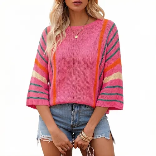 Asvivid Women's Summer Tops Casual Color Block Striped Lightweight Knit Sweater Trendy Fall Spring Fashion Clothes Pullover Sweaters Knitwear