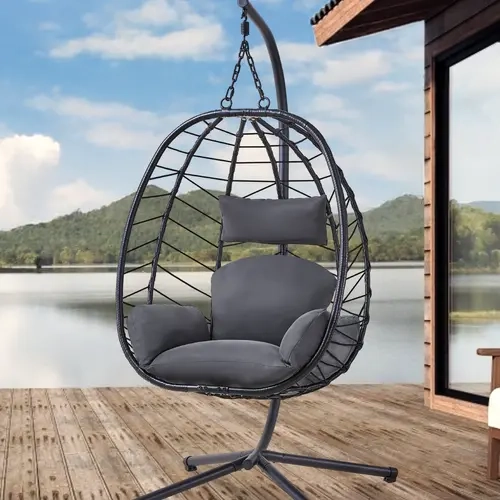 【Black Friday】ONBRILL Hanging Egg Chair with Stand, Outdoor Indoor Egg Swing Chair with Cushion Headrest, Wicker Rattan Egg Chair with Dual Chains, 350LBS Capacity for Patio, Porch, Balcony, Bedroom