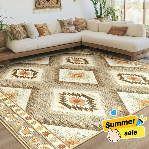 BESTSWEETIE Indoor Area Rugs - 8x10/9x12/10x14 Large Geometric Bohemia Vintage Rugs, Soft Faux Wool Low-Pile, Machine Washable, Non-Slip, Wrinkle-Resistant, Printed, Stain-Resist, Easy-Maintenance, for Living Room, Bedroom Home Decor