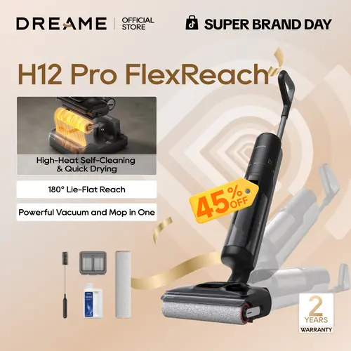 【Super Brand Day】DREAME H12 Pro FlexReach Vacuum Mop, Wet Dry Vacuum Cleaner, 0 Tangle Cordless Vacuum Mop All-in-One for Hard Floors, 180° Lie-Flat Floor Cleaner Machine with 194°F Hot Self-Cleaning, 50Mins Runtime