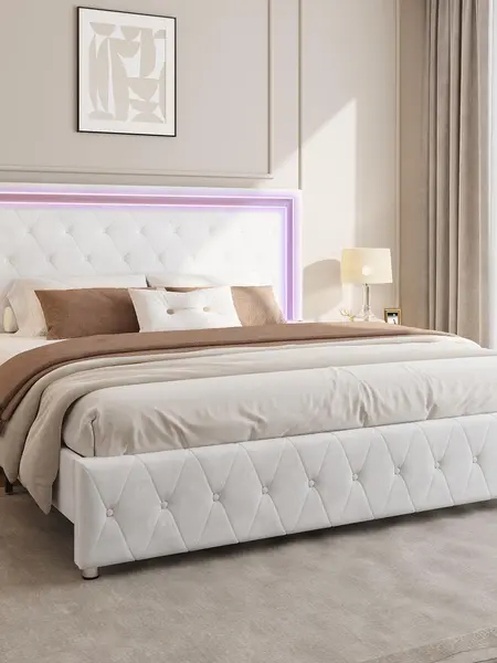 [Summerwins] AMERLIFE Modern Bed Frame with RGB LED Lights, Adjustable Headboard Velvet Button Tufted/Acrylic Mirror Accents/Smart APP&Remote Control/No Box Spring Needed/Furniture Room/Full/Queen Size/Best Gift Ideas/Christmas Gifts