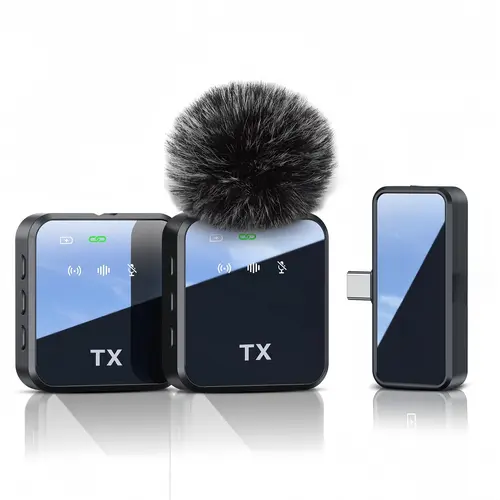 Wireless Lavalier Mic Mobile Vlog Stereo Clip-On for Smartphone Live Stream Outdoor Vlogging, Intelligent Noise Reduction, High-End Square Design, Plug-and-Play USB Type C, Compatible with iOS Android Smartphones, Long Battery Life