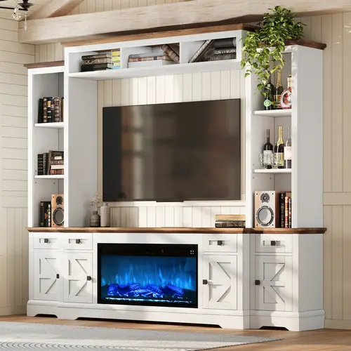 [Ships in 3 Boxes] AMERLIFE 98in Farmhouse Wall Unit TV Stand with 36" Fireplace, Bookshelves, Wine Cabinet, Fits 78" TVs, Entertainment Center with Power Outlets & Drawers, Media Console, Living Room/Best Gift Ideas[TikTokShopFallDealsForYou]