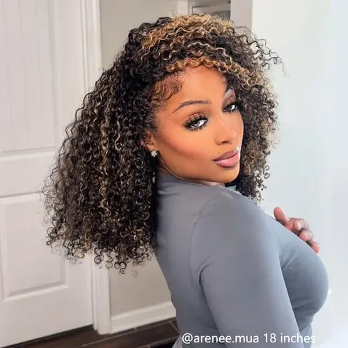 ISEE HAIR Highlight Brown Kinky Curly Wear Go Half Wig Glueless Human Hair Wig InvisiFit Strap Invisible Drawstring Cap Flip Over Wig Minimal Leave-Out Adjustable Fit Seamless Hairline BeginnerFriendly Natural Blend Quick Install#TikTokShopFallDealsForYou