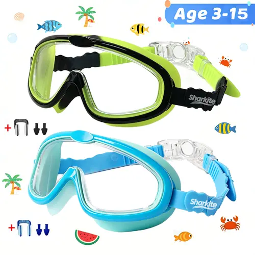 Sharkite Kids Swimming Goggles 1 Pack - 180-Degree Wide View, UV Eye Shield, Fog-Free, Waterproof, Ergonomic Soft Silicone, Kid Goggles for Swimming, Children 3-15 Years Old Pool Water Sports Accessory