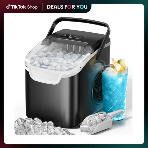 Kismile Compact Countertop Ice Maker Machine (Kitchen Appliances) - 8 Ice Cubes in 6 Mins, 26 lbs/Day, 2 Sizes, Energy Saving, Fast Freezing, Plastic & Brass Components, 8.66"x10.39"x11.22" Footprint, Library-Quiet, Basket & Scoop for Home/RV