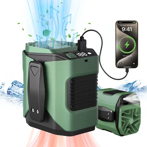 PADOX 4-in-1 Portable Waist Fan - Multifunction Rechargeable, Battery-Powered USB & Mobile Adjustable Cooling, Clip & Go Design, 5000mAh, 10-Speed 5300RPM, LED Light, USB Port, 8H Runtime, Outdoor Camping Gadget, Gifts for Him, Multifunction Rechargeable