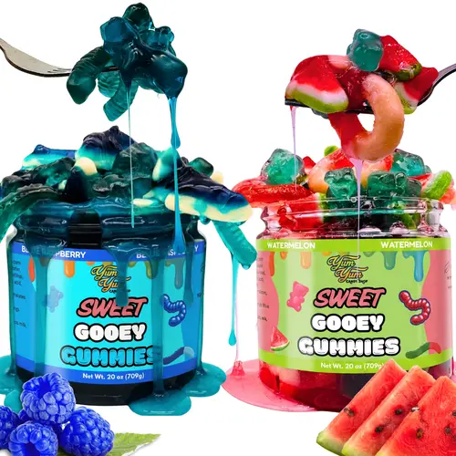 Gooey Gummies in Liquid Candy Sweet or Sour Blue Raspberry - Watermelon - Wet Snack 11-20 oz Container Chewy Gummy