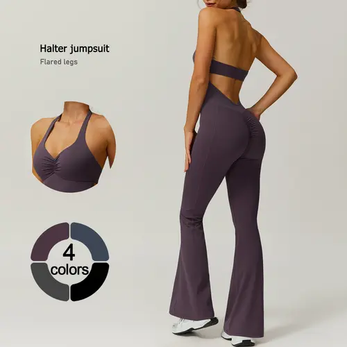 TimeOFF Women's Halter Neck Solid Color Nylon Sculpting Jumpsuit - Sleeveless, Folded Chest, Butt-Lifting Design, Flared Legs, Stretchy, Cutout Vent, All Seasons Sports Jumpsuits for Yoga, Gym