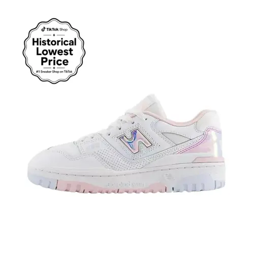 New Balance 550 Women's & Grade School Low-Top Leather Flat Stylish Sneakers - Vintage Retro Court Silhouette, White Athletic Sneaker with Rose Sugar Accents, Casual Fit, Comfort Walking Shoes (Grade School Sizes)