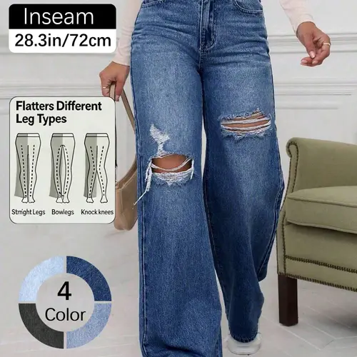 High-Waisted Ripped Jeans, Loose-Fitting Button Fly Dark Wash Denim Jeans, Mid Waist Floor-Length Casual Basic Style, All-Season Streetwear Pants Womenswear