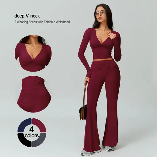 TIMEOFF Women's 2-Piece High Stretch Sporty Activewear Set - Long Sleeve Plunging V-Neck Top, Flipped Waist High-Waist Flared Leggings - Gymswear, Fitness Sport Outfits, Athleisure Wear Set for Yoga, Running, 2 Piece Sets, Workout Sets For Women
