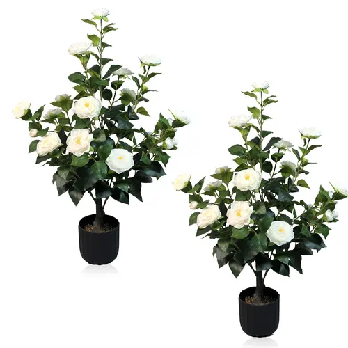 2 Pcs 3-foot Camellia Tree with Decorative Pebbles, Flower Pot, 24 Realistic Flowers, 188 Leaves for Indoor, outdoor courtyard Home Decor summerwins