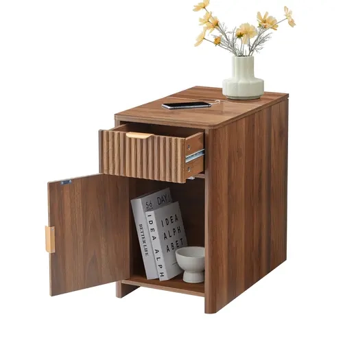 Giratree Fluted Narrow End Table with Charging Station Set of 2, Farmhouse Side Table with Drawer Storage, Small Night Stand with Power Outlets and USB Ports, Sofa Side Table for Living Room