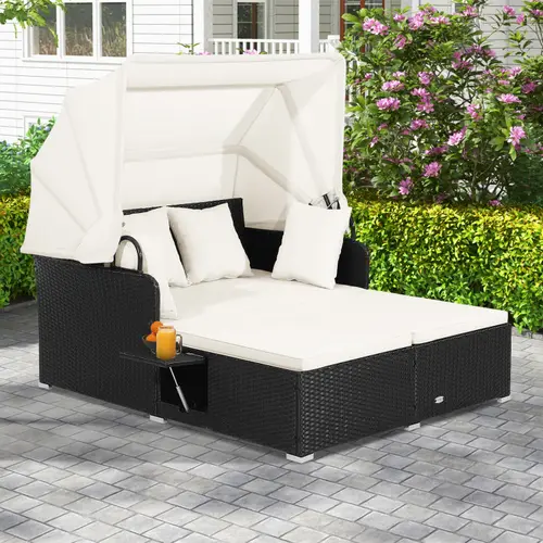 COSTWAY Patio Outdoor Daybed with Canopy, Wicker Sunbed w/Cushions, 4 Pillows & 2 Retractable Side Trays, 2-Person Lounge Bed Conversation for Poolside Porch Garden, Rattan Outdoor Bed-COSTST