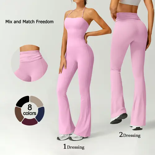 TIMEOFF Women's Halter Neck High Waist Butt Lifting Bodycon Flared Leg Yoga Jumpsuit - Stretchable Solid Color Athleisure Activewear, Trending Clothes for Women for Gym & Fashion Outfits (Athleisure Style, Solid Color Jumpsuit),summerwins