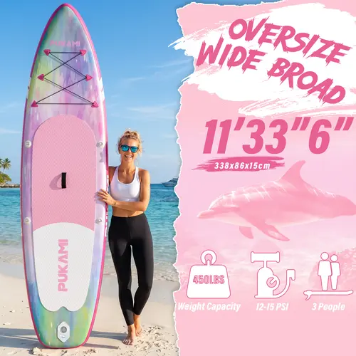PUKAMI Inflatable Stand Up Paddle Board (SUP) for Adults, 10.6' 33-Inch Wide Stable Sport Board with Adjustable Paddle, Pump, Leash, Non-Slip Deck, Carry Bag, Waterproof Phone Bag, 450 lbs Capacity for Yoga, Fishing Trips