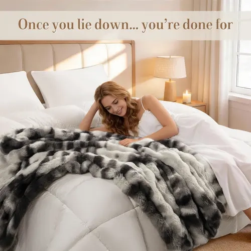 SONORO KATE 1-Piece Faux Rabbit Fur Flannel Throw Blanket - Durable Woven Fabric, Super Soft, Fluffy, Wrinkle Resistant, Fade Resistant, Multi-Size, King/Queen Cover, Couch Decor, Blanket Gifts, Cozy Aesthetic