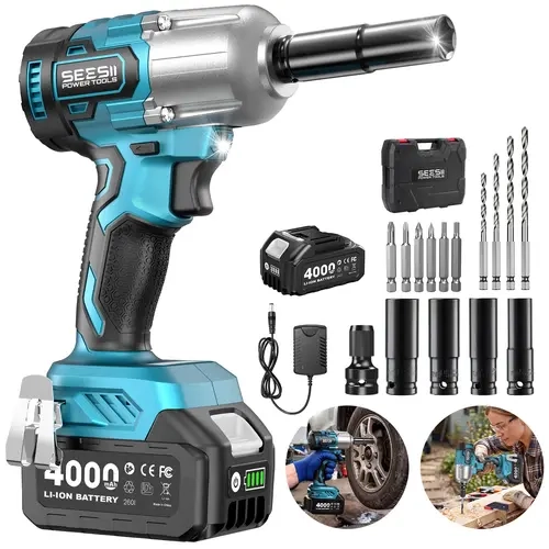 SEESII 3‑in‑1 Cordless Impact Wrench, 1/2 Inch, 590 Ft-Lbs (800N.m) High Torque WH650 Pro, 4.0Ah Battery, 4 Sockets & Drill Screwdriver Bits Kit for Tire Changing, Auto Repair, Construction & DIY