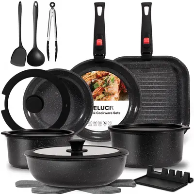 USELUCK-Camping and Baking Removable Handles, Non-Stick Cookware Sets, Essential Stackable Non-Stick Cookware Sets (Oven Safe and RV Friendly), Multiple Colors, Multiple Combinations Available,father'sdaygifts,campingessentials,campinggear