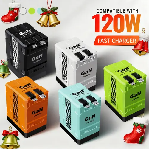 W&O 2-in-1 GaN Charging Station - 120W Max Compact Fast Charger with Auto Power Adjust, Dual Cables, Type C/Lightning Ports, Retractable Cord, Foldable Plug, Universal Travel Electronic Charger Plugs for Cellphone Models F2/F3, Holiday Tech Gift