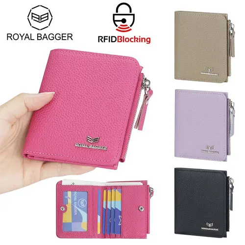 Royal Bagger Women's Chic Durable Fashion Wallet - Top-Grain Genuine Leather Minimalist Plain Casual Slim Bifold, RFID Blocking, Slim Card Storage, Zip Up Coin Purse, Wallet for Women, Athletic Use
