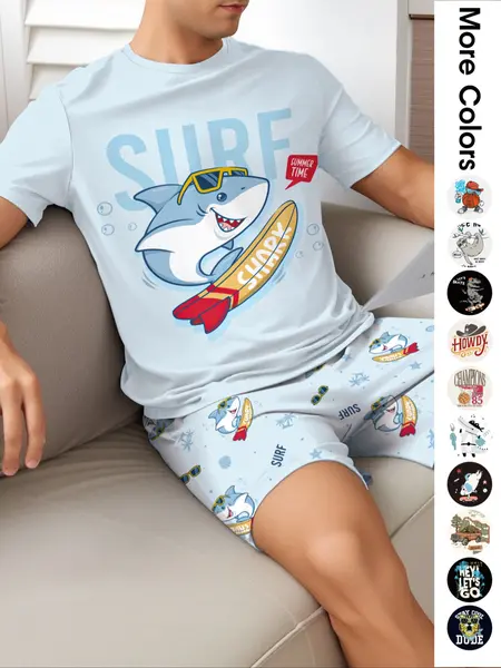 Men's Cartoon Shark Print Tee & Shorts Pajama Two-piece Set, Regular Fit Casual Comfy Round Neck Short Sleeve T-shirt & Shorts PJ Set, Men's Sleepwear Loungewear for Summer Pyjamas, Nightwear Sleepwear