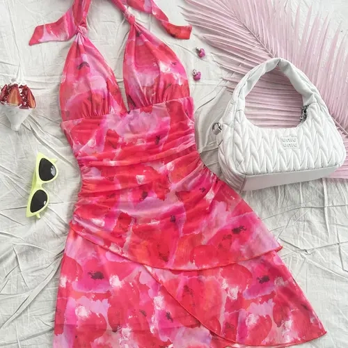 Floral Print Halter Ruched Tie Back Sleeveless A Line Summer Mini Dresses