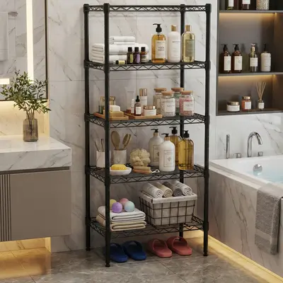Sweetcrispy Heavy-Duty Adjustable Rustproof Metal Storage Rack - Rectangular Open Shelf Storage Unit, Multifunctional Durable Freestanding Floor Shelf for Garage Organization, Beauty, Kitchen Pantry & Bathroom Organization