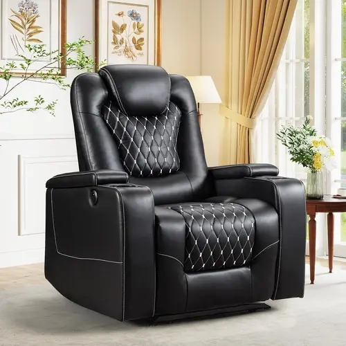 Ebello Power Recliner Chair with USB Ports and Cup Holders - Overstuffed Electric Home Theater Seating PU Leather Reclining Furniture with Hidden Arm Storage, Easy to Clean (Black)