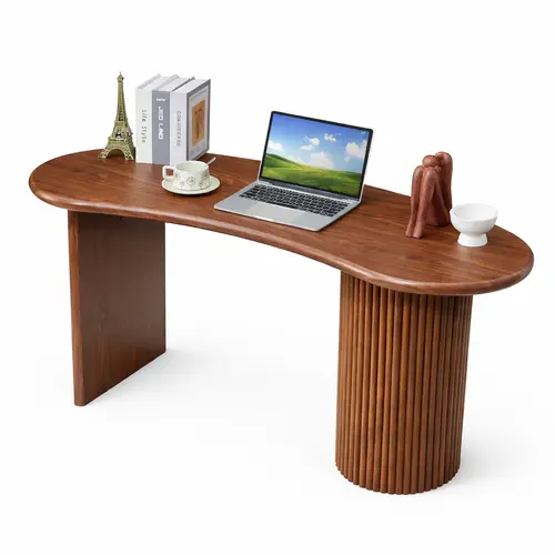 Giratree 54.3" Curved Small Computer Desk, Wooden Executive Desk with Sturdy Fluted Legs, Modern Luxury Corner Single Writing Vanity Desk for Bedroom Living Room Home Office