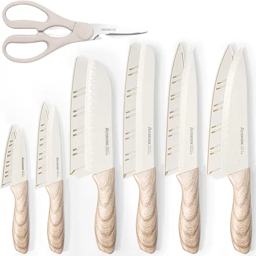 Astercook 7-Piece Kitchen Knives Set - High Carbon Stainless Steel Chef Knives with Non-Stick Ceramic Coating, Rust-Safe Blades, Ergonomic ABS Handle, Bread-Cutting Teeth, Scissors, Dishwasher-Safe for Daily Use Durable Cooking Supplies