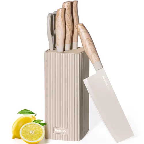 Astercook 6-Piece Stamped High Carbon Stainless Steel Knives Kitchen Set - Thick Ergonomic Handles, Rustproof Durable Scratch Resistant Blades, Dishwasher Safe Knife Block, 6-Piece Coverage for Everyday Cutting Kitchen Supplies