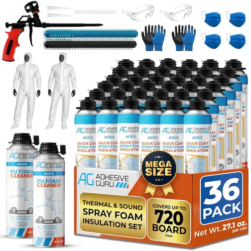 ADHESIVE GURU AG930S Self-Expanding Closed Cell Polyurethane Spray Foam Insulation Set - Spray Foam Gun, Gloves & Cleaner Kit for 2 Key Surfaces (Brick, Wood), Quieter Rooms Less Noise, Indoor-Outdoor Use