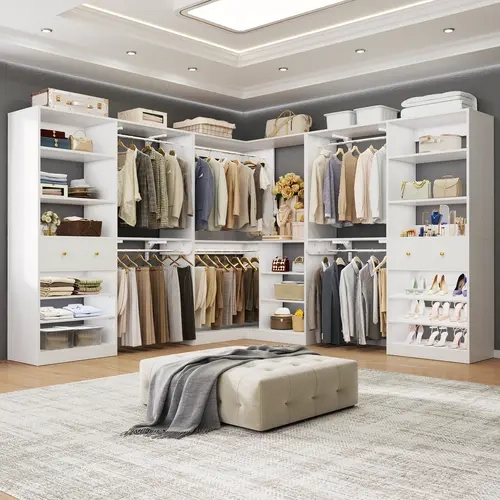 95''-155'' W Closet System with wooden Drawers and Hanging Rods, Reversible Walk-in Closet Organizer Wardrobe Racks with Storage Shelves ＆ Shoe Rack,dorm essentials,home decor