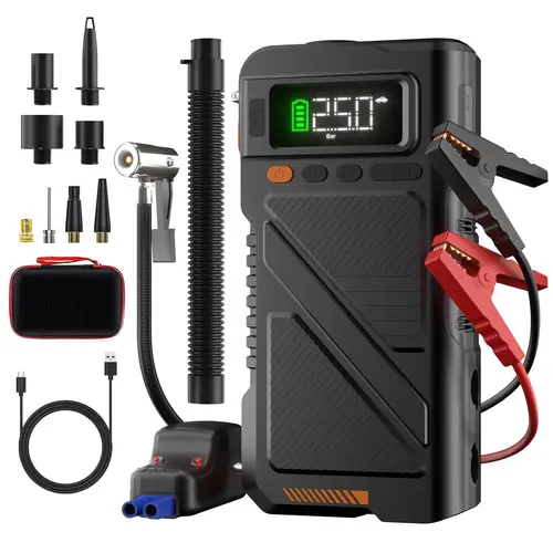 Cordless 9000A Peak Compact 12V Automotive Tool Kit, 12L Gas Vehicle Booster with 150PSI Air Inflator-Deflator, Extended Jumper Cables, LED Light, USB 18W Quick Charging - 7-in-1 Auto Accessories for Emergencies, Pre-Trip PSI Checks
