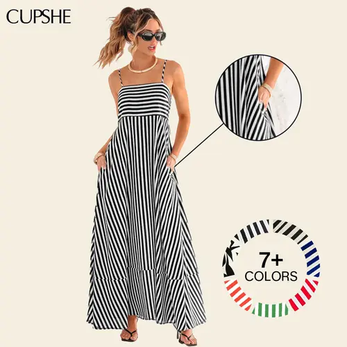 CUPSHE Women's Casual Wear Sleeveless Waist-Striped Maxi Dress - Lady's Viral Flattering Square Neck Boho Style Dresses with Ruffle Hem, for Beach Vacation (Sizes XS-XXL) #DealsForYouDays, Women's Clothes, Summer Flowy Dresses,summeroutfits,vacationoutfit