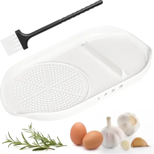 LUVAN 4-in-1 Durable Ceramic Spout-Shaped Garlic Grater Plate Set - Compact Kitchen Utensils with 0.08In,0.11In,0.15In,0.2In Grinding Holes, Egg Cracker, Herb Stripper, Bowl, Spoon Rest, Brush, Silicone Pad for Food Prep