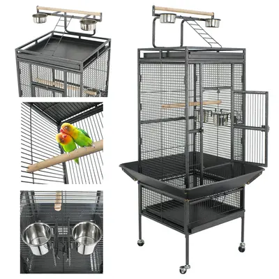 Segawe Large Metal Bird Cage with Wood Accents - Durable Iron Frame, Open Top, Easy-Clean Litter Tray, Black/White Finish for Parrots, Macaws,summerwins