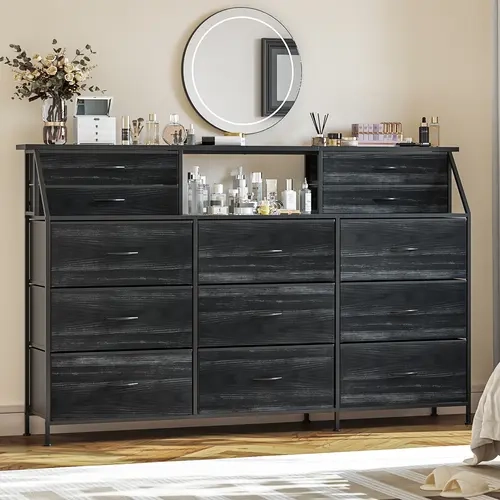 PUKAMI Extra Wide Fabric Furniture Drawer Dresser (72"w x 13.4"d x 46"h) for Bedroom, 13 Large Drawers, 2 Adjustable Shelves for Daily Use, Sturdy Metal Frame, Wood Top, Anti-Tip Kit, Assembly Required