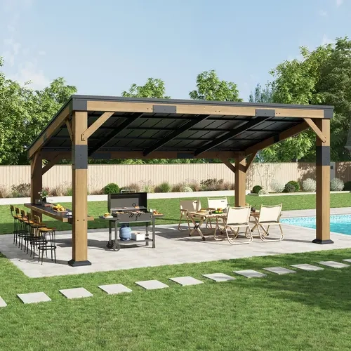 【Ships in Multiple boxes】AMERLIFE Solid Wood Gazebo with Metal Hardtop, Large Outdoor Pavilion with Sloped Roof, Heavy Duty Pergola for Garden, Patio, Backyard[TikTokShopFallDealsForYou]