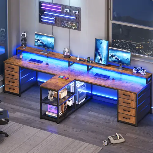 Sedeta 94.5-Inch Wood & Metal Modern 2-Person Multi-Functional Computer Working Desk - 8-Drawer Storage, Built-In Power Outlet, LED Lighting, Adults' Office Desk, Home Office Furniture, Apartment Furniture