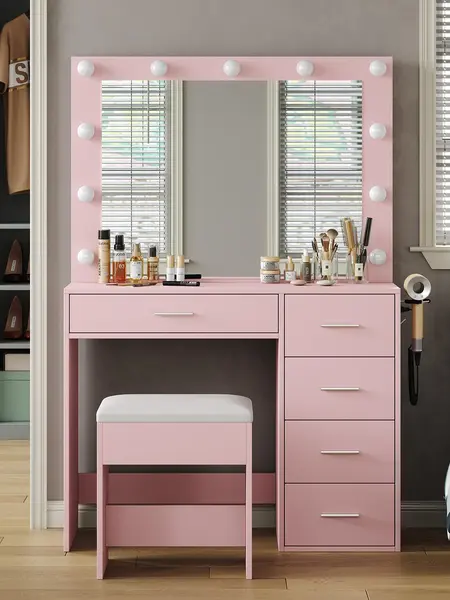FUSOU 37"W 5 Drawers Vanity Desk with Power Outlet, Makeup Table with Lighted Mirror, 3 Color Lighting Modes,Vanity Table Dressing Table Set tabitha modern power outlet,Deals For You Days