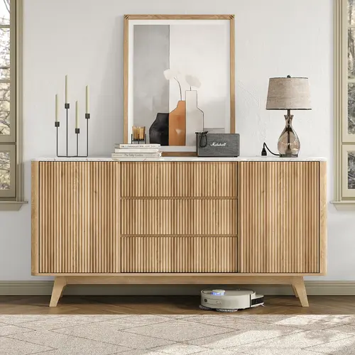 FUSOU 62" W Fluted Buffet Cabinet with Sliding Doors, Modern Sideboard Storage Cabinet with Power Outlet & 3 Drawers, Mid-Century Coffee Bar Table for Living Room, Dinning Room, Natural