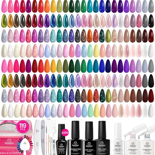 Beetles Smooth Pearl Gel Nail Polish Set - 100 Colors (5ML) with Base & Top Coat, Soak-Off UV Gel, Glitter Options, Nail Care Product for Daily Flawless DIY Home Use, Glossy Wipe Manicure Gift for Women