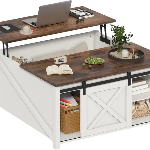 PUKAMI 31.5-Inch Farmhouse Convertible Lift Top Square Coffee Table - 26.5 lbs, Adjustable Height (Lifts to 25.5"), Sturdy Base, Large Hidden Storage, Sliding Barn Doors, Easy Setup, Indoor Living Room Furniture