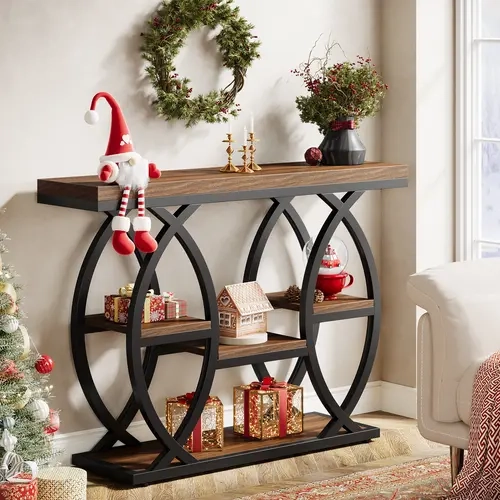 LITTLE TREE 39.4" Console Table, Industrial 4-Tier Sofa Table Entryway Table with Storage Shelves, Narrow Wood Accent Tables with Metal Frame for Small Spaces, Hallway, Foyer